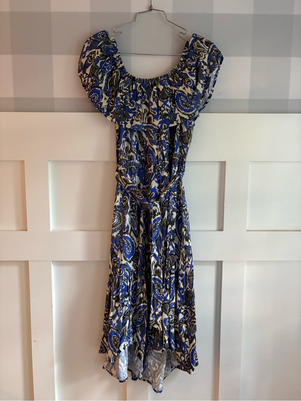 Off-Shoulder Blue Paisley Midi Dress with Tie Waist Medium - Picture 6 of 6